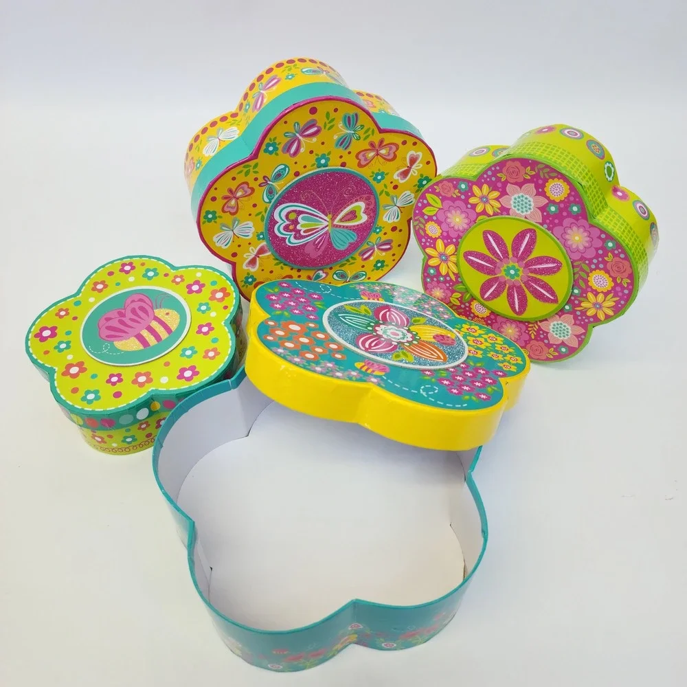Set of 4 Flower Shaped Nesting Tins Floral Butterfly Bee Storage Containers